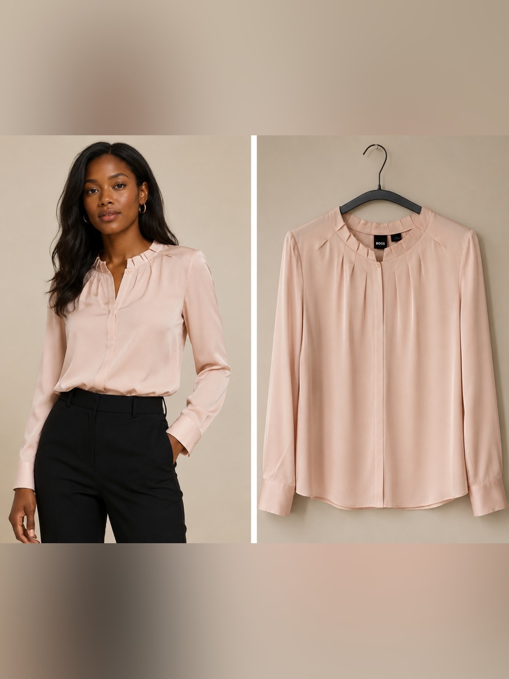 BOSS - Women's Blush Pink Long-Sleeve Pleated Neck Blouse